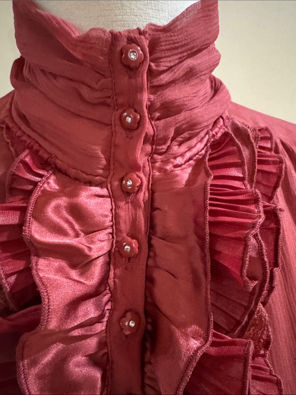 bebe Ruffled High-Neck Blouse in Rose - Picture 2 of 3